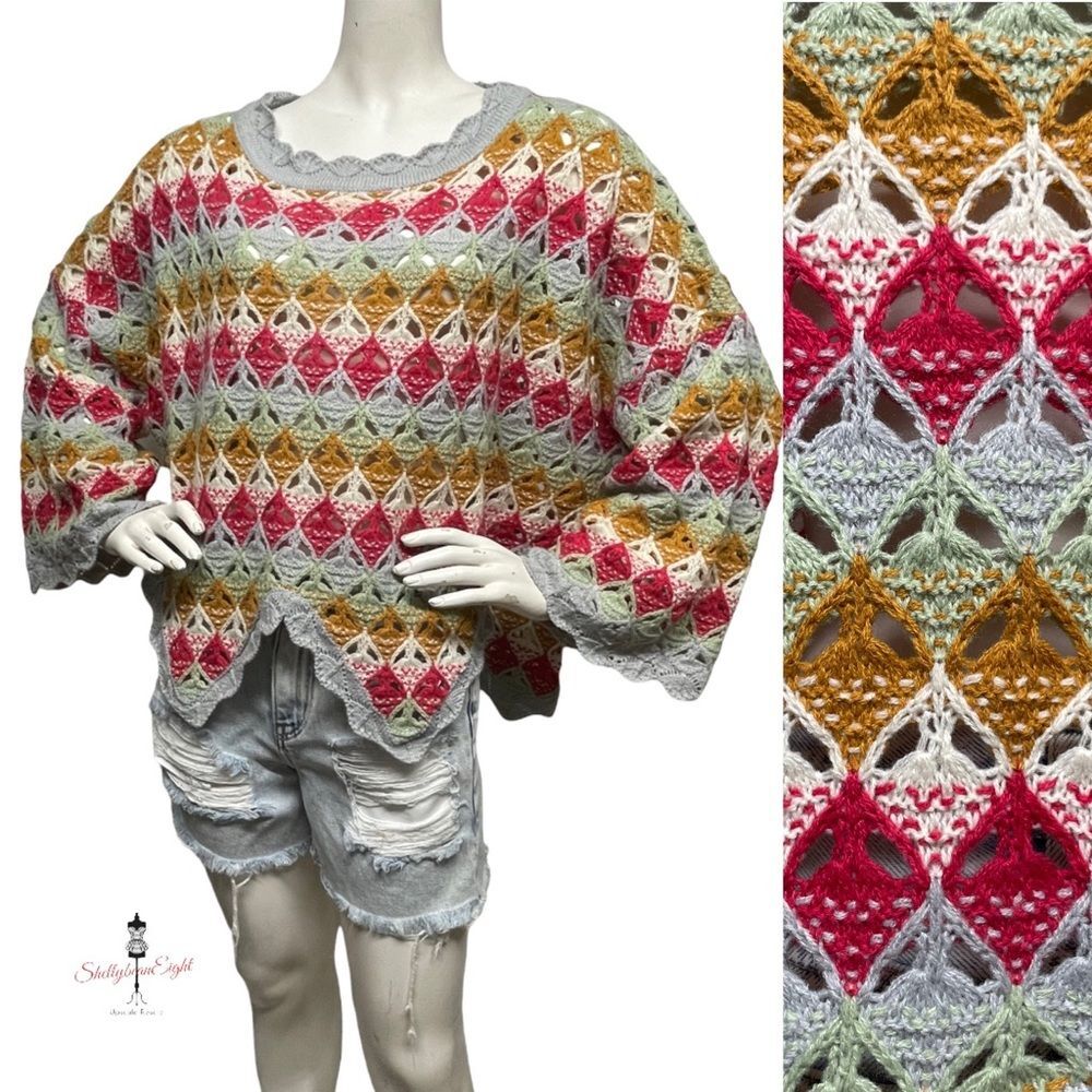 UMGEE Crochet Knit Top Sweater Asymmetric Scalloped Bell Sleeve OVERSIZED M or L